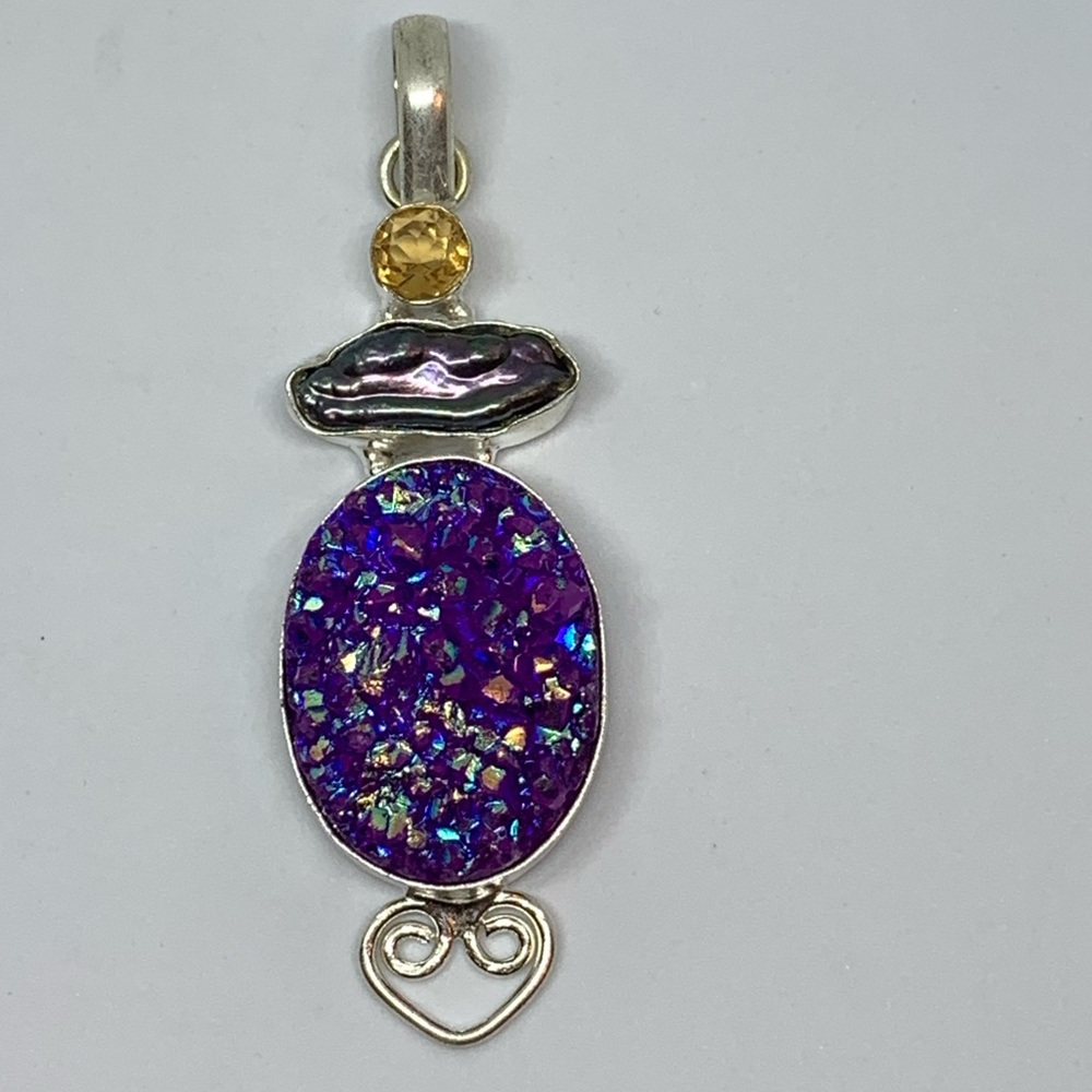 Purple titanium druzy pearl citrine pendant 925
